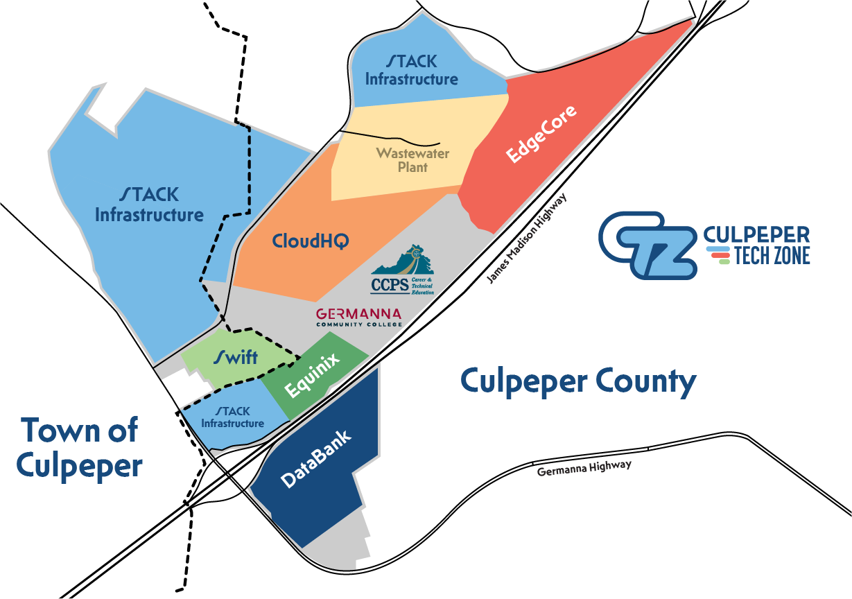 Map of the Culpeper Tech Zone based on ownership July 2026.